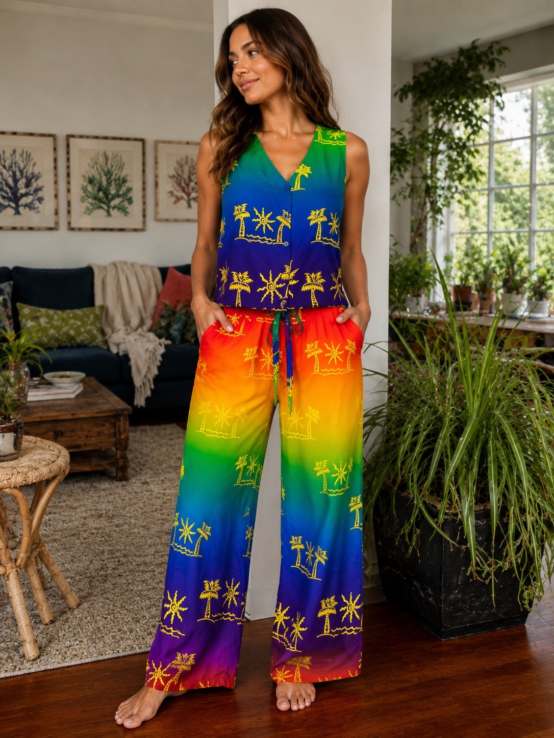 Vintage Tropical Rainbow 2-Piece Beach Set Wrap Pants & Button Front Vest Top